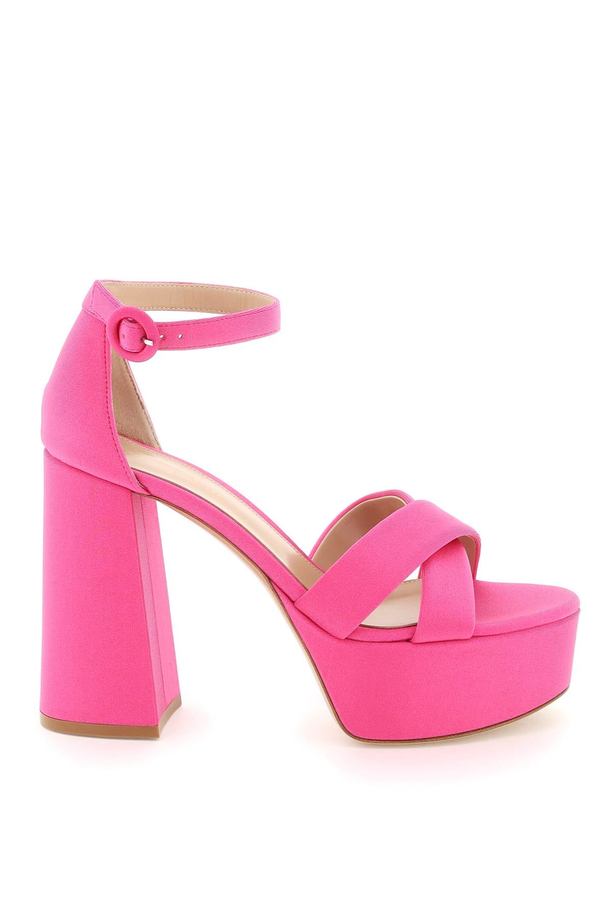 高跟粉红色布凉鞋，可调节脚踝带