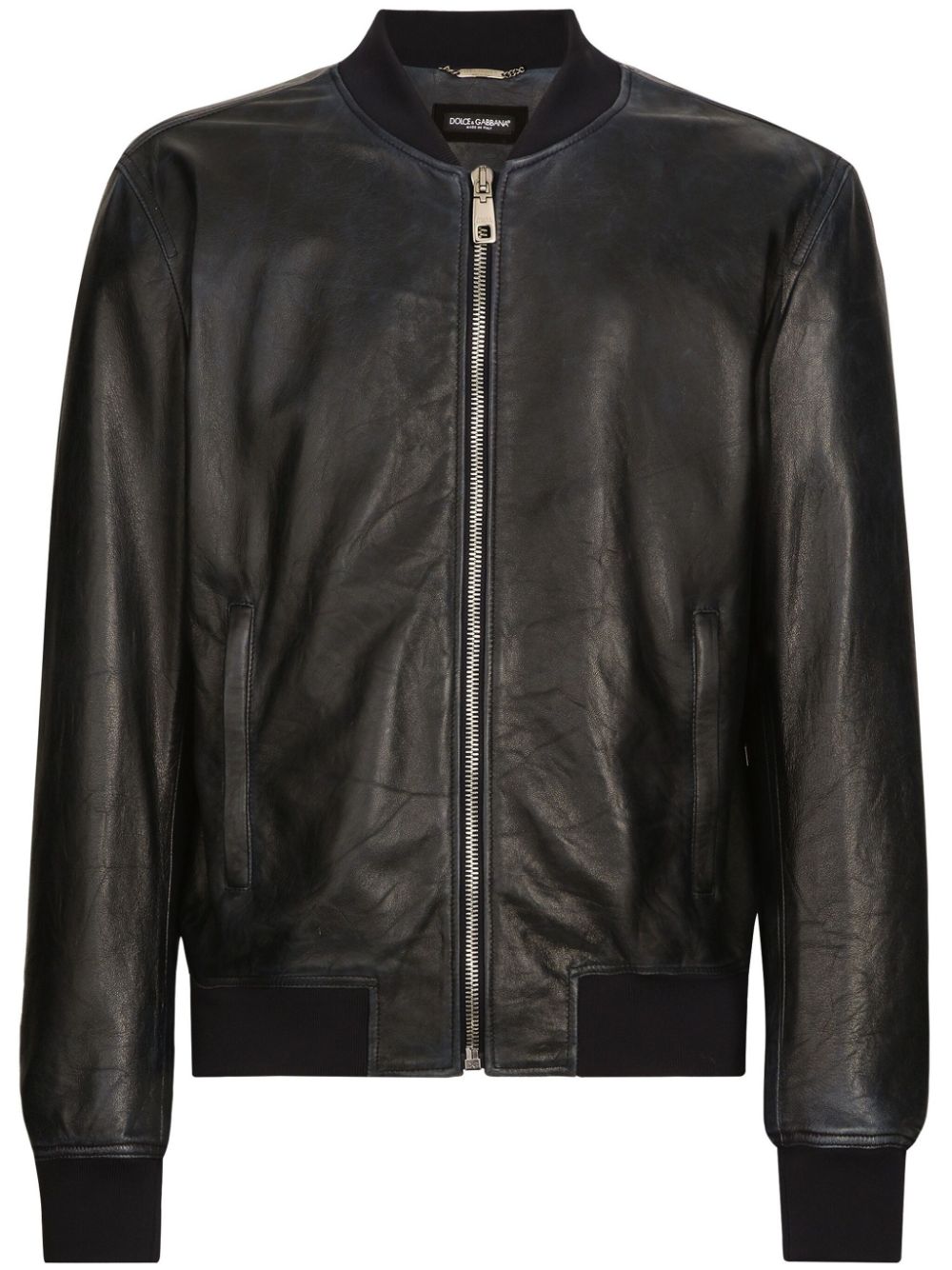 DOLCE & GABBANA Midnight Blue Nappa Zip-Up Leather Bomber Jacket for Men
