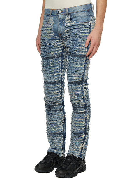 男士蓝色100%棉质长裤，带6个口袋和前部撕裂设计，适合FW23季节