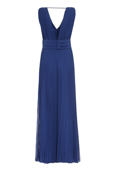 MAX MARA Blue Pleated Jumpsuit with Deep V Neck and Coordinated Waist Belt for Women