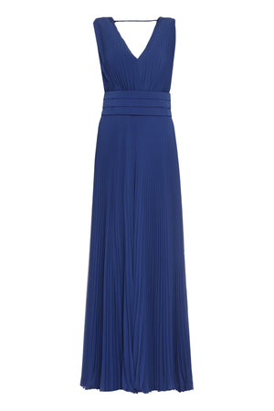 MAX MARA Blue Pleated Jumpsuit with Deep V Neck and Coordinated Waist Belt for Women