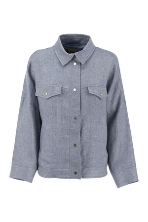 HERNO Light Blue Linen Shirt-Cut Jacket with Lurex Embellishment