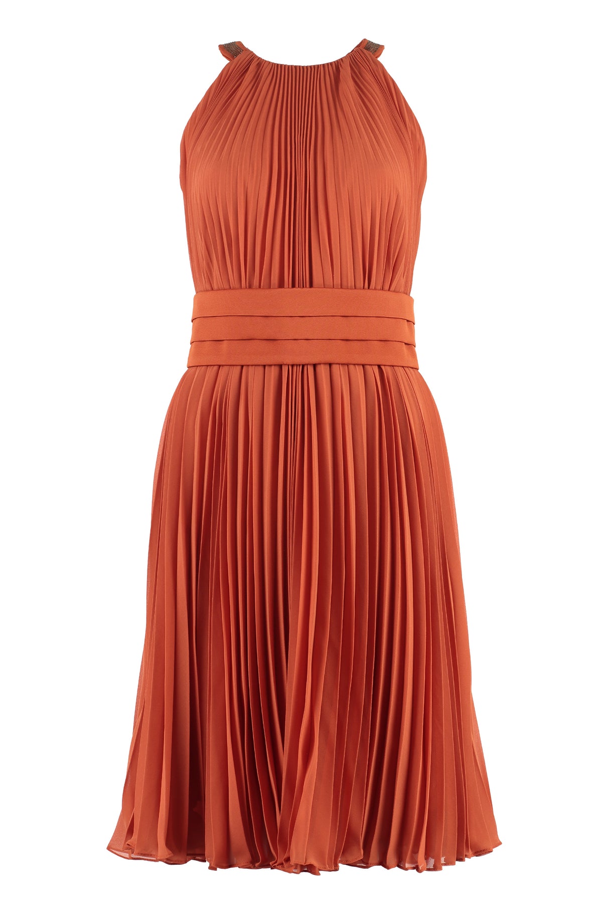 MAX MARA Multicolor Burnt Pleated Dress with Embroidered Neckline and Coordinated Belt, SS23 Collection for Women