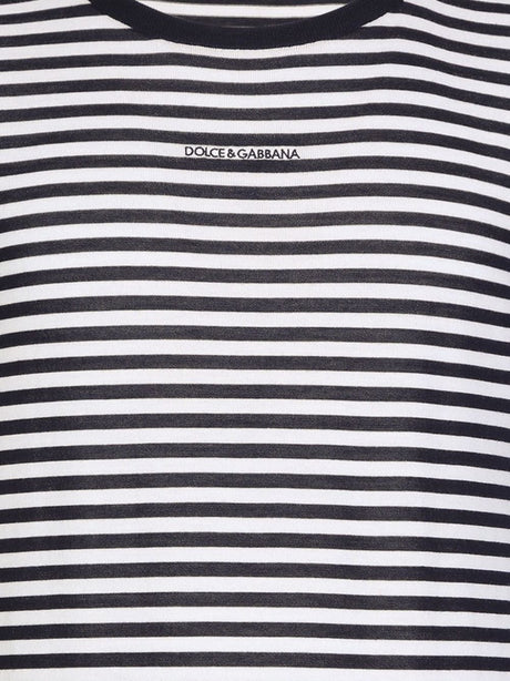 DOLCE & GABBANA Striped Crewneck Jumper in White and Navy Blue Virgin Wool for Men