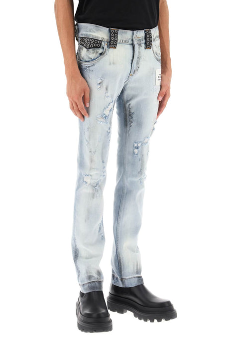DOLCE & GABBANA Re-Edition Jeans with Leather Detailing in Light Blue for Men