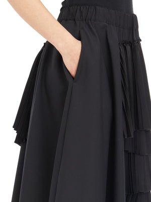 女士黑色羊毛裙，带有松紧腰带和褶皱荷叶边