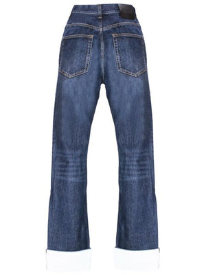 LOEWE Men's Mid Waist Straight-Leg Fisherman Jeans in Blue Cotton Denim with Contrast Turn-Up Cuffs