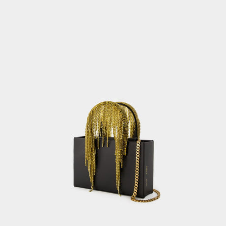 KARA Black Midi Crystal Fringe Handbag with Mesh Detail for Women - SS24