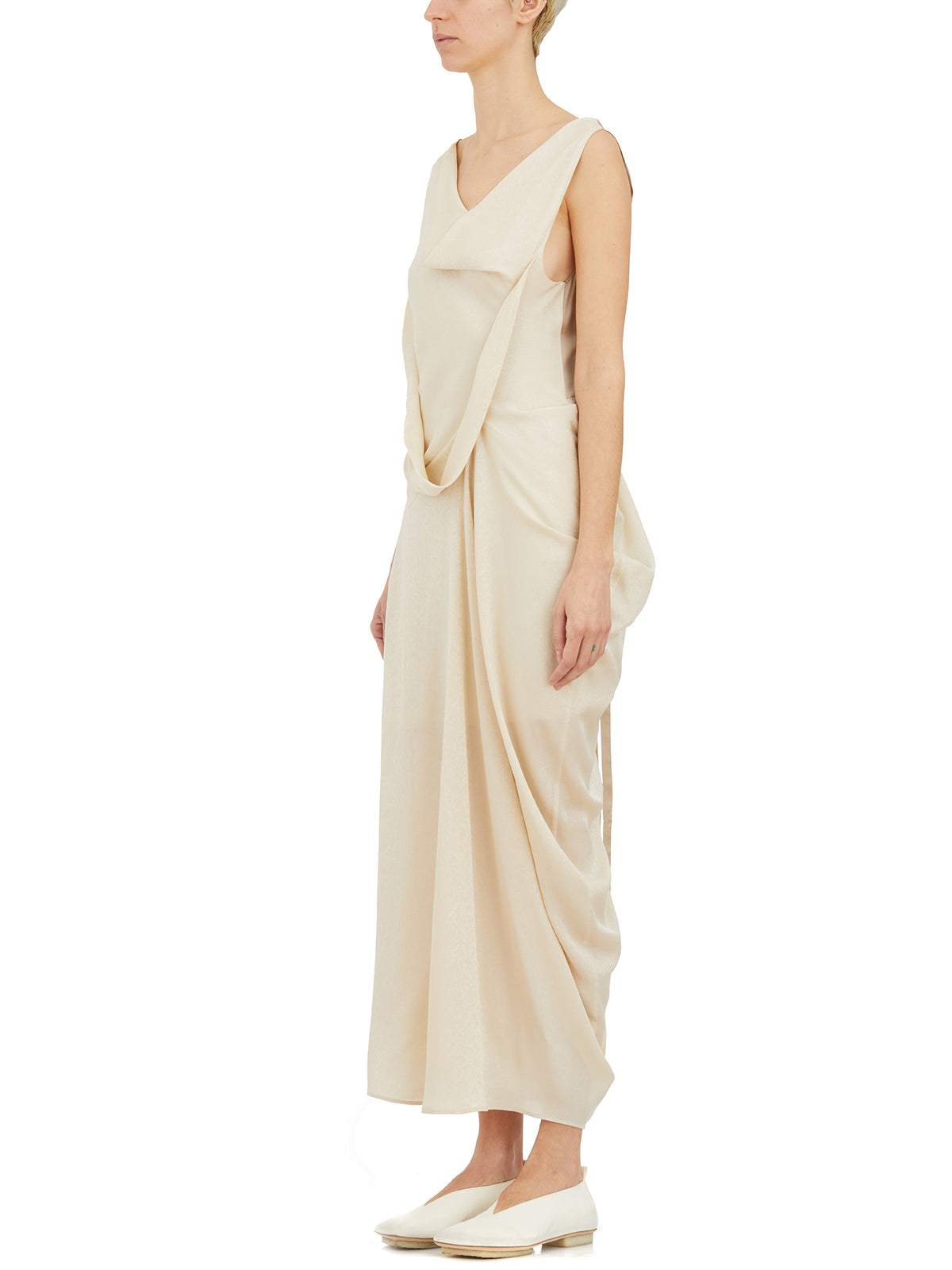 YEHUAFAN Tan Long Silk Dress with Floral Design and Lace-up Closure