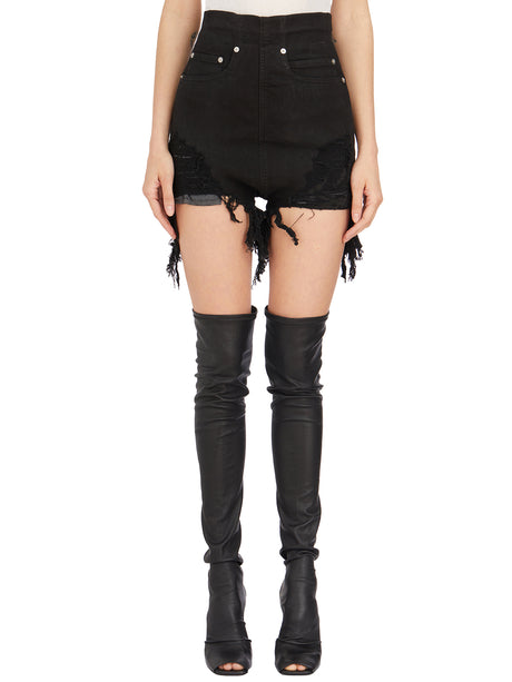RICK OWENS Women's Black Denim Cutoff Shorts with Rivets and Distressed Detailing