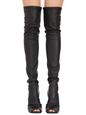 RICKOWENSLILIES Black Leather Cantilever Boots for Fashion-Forward Women
