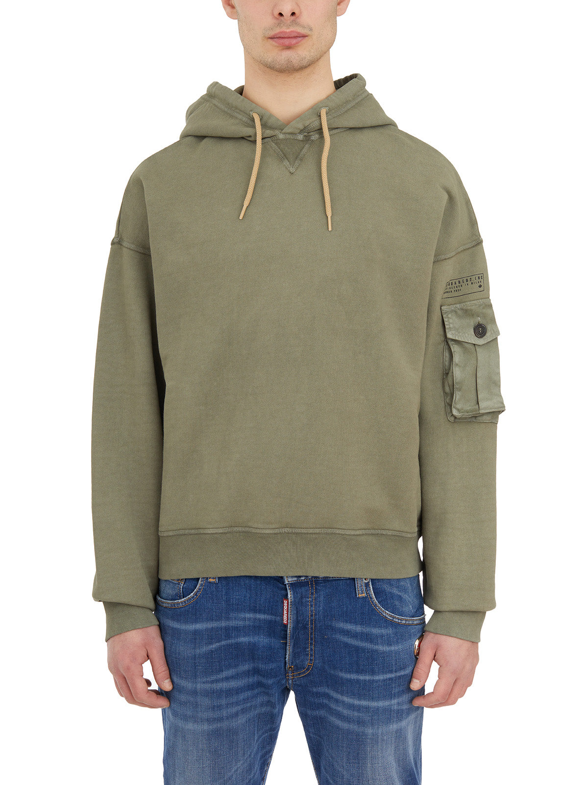 DSQUARED2 Green Cotton Hooded Sweatshirt with Drawstring and Sleeve Pocket for Men