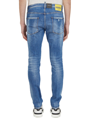 DSQUARED2 Men's Blue Denim Stretch 5-Pocket Jeans in Medium Dust Wash with Belt Loops and Size 46