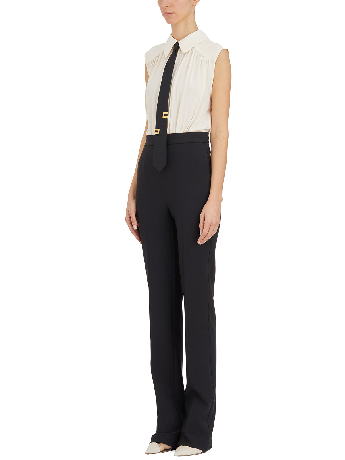 ELISABETTA FRANCHI Black and White Women's Jumpsuit with Padded Straps and Invisible Zipper