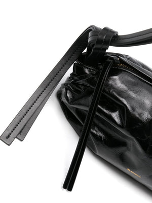 JIL SANDER Black Patent Leather Shoulder Handbag with Ruched Detailing