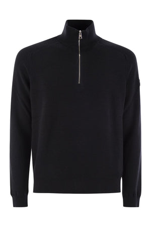 MONCLER Men's Navy Cotton-Blend Sweater with Logo Patch and Ribbed Knit Edges