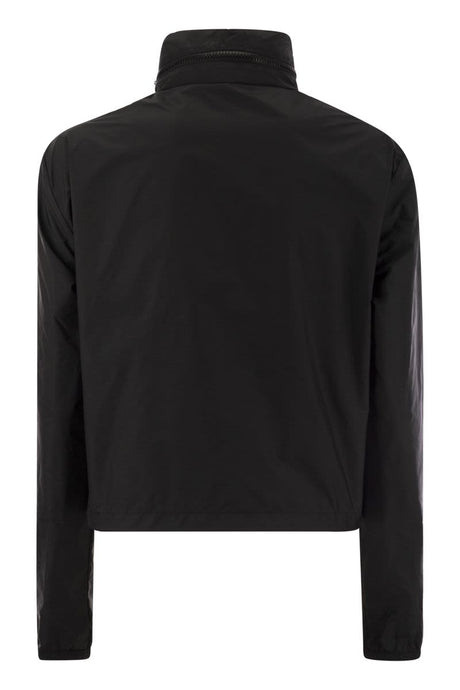黑色科技面料女装夹克，含徽章且可调节拉绳 - 2024春夏款