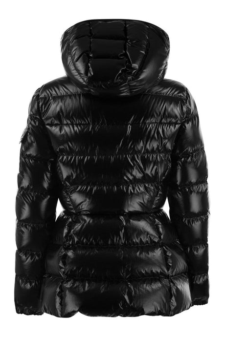 MONCLER Chic Hooded Mini Down Jacket in Glossy Black