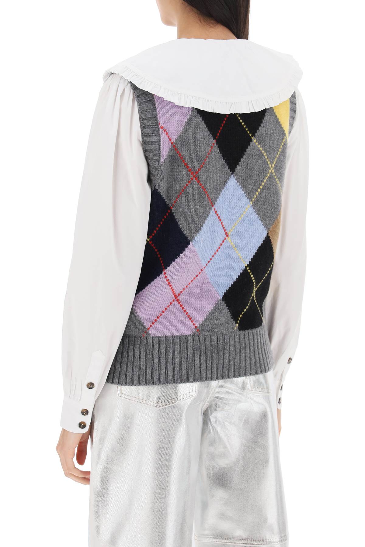 GANNI Harlequin Wool Mix Knit Vest GREY