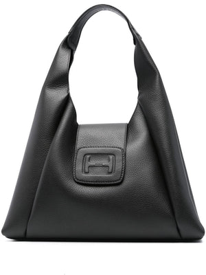 HOGAN Black Leather Medium Hobo Shoulder Handbag with Magnetic Closure and Removable Pouch