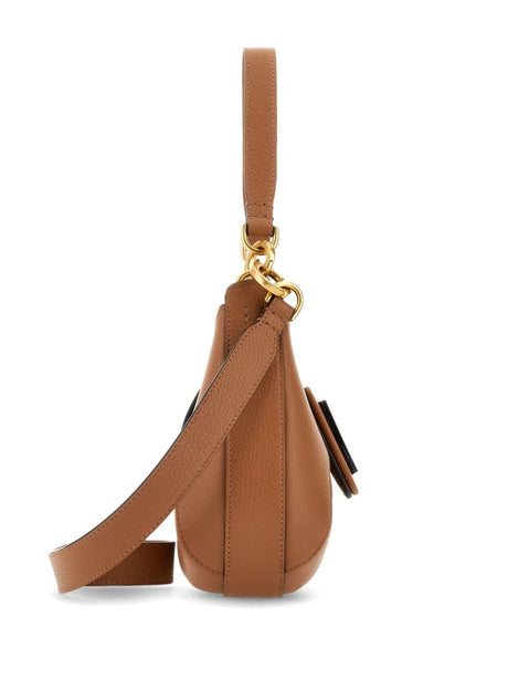 HOGAN Mini Leather Hobo Shoulder Bag in Butterscotch with Pebbled Texture and Gold-Tone Accents