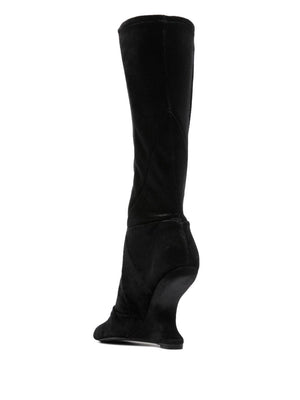 高质黑色真皮女式长靴，方头设计，高雕塑跟靴