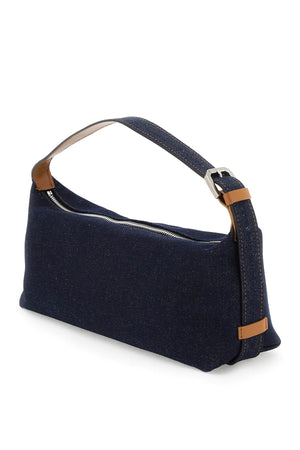 EÉRA Navy Blue Denim Long Moonbag Crossbody Handbag with Suede Interior and Leather Card Slot