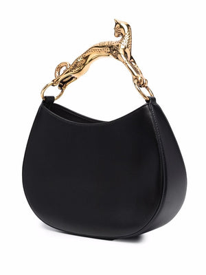 LANVIN Black Leather Hobo Handbag with Embellished Top Handle