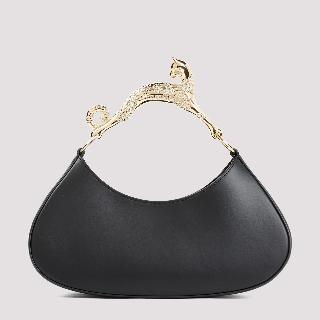 LANVIN Chic Black Leather Hobo Handbag with Cat Handle, W:28CM H:12CM D:10CM