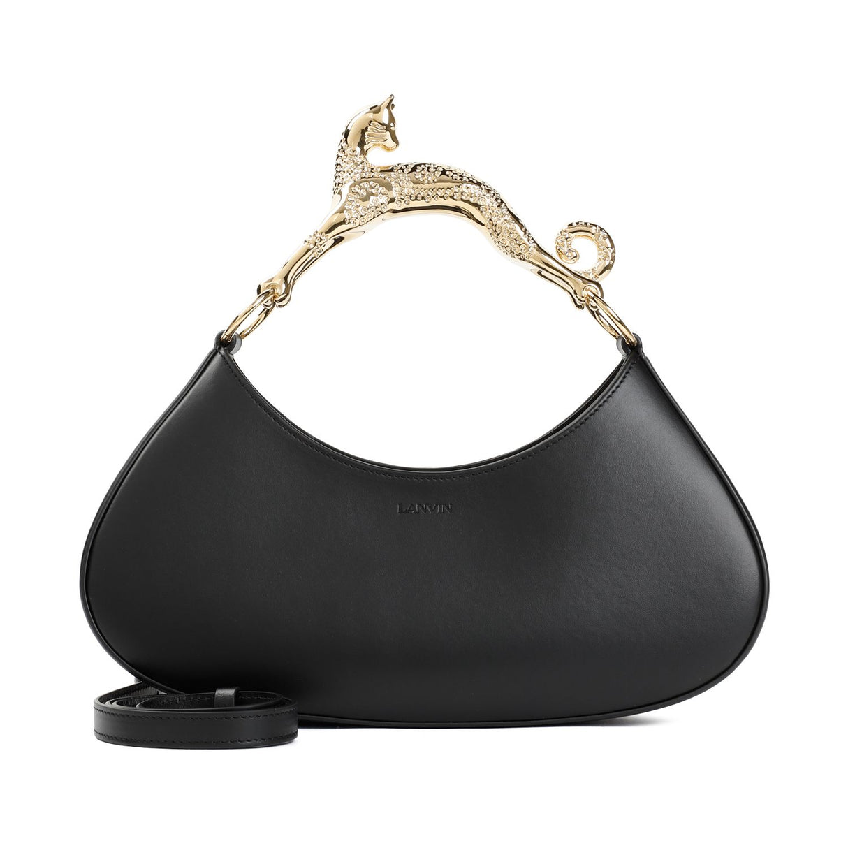 LANVIN Chic Black Leather Hobo Handbag with Cat Handle, W:28CM H:12CM D:10CM