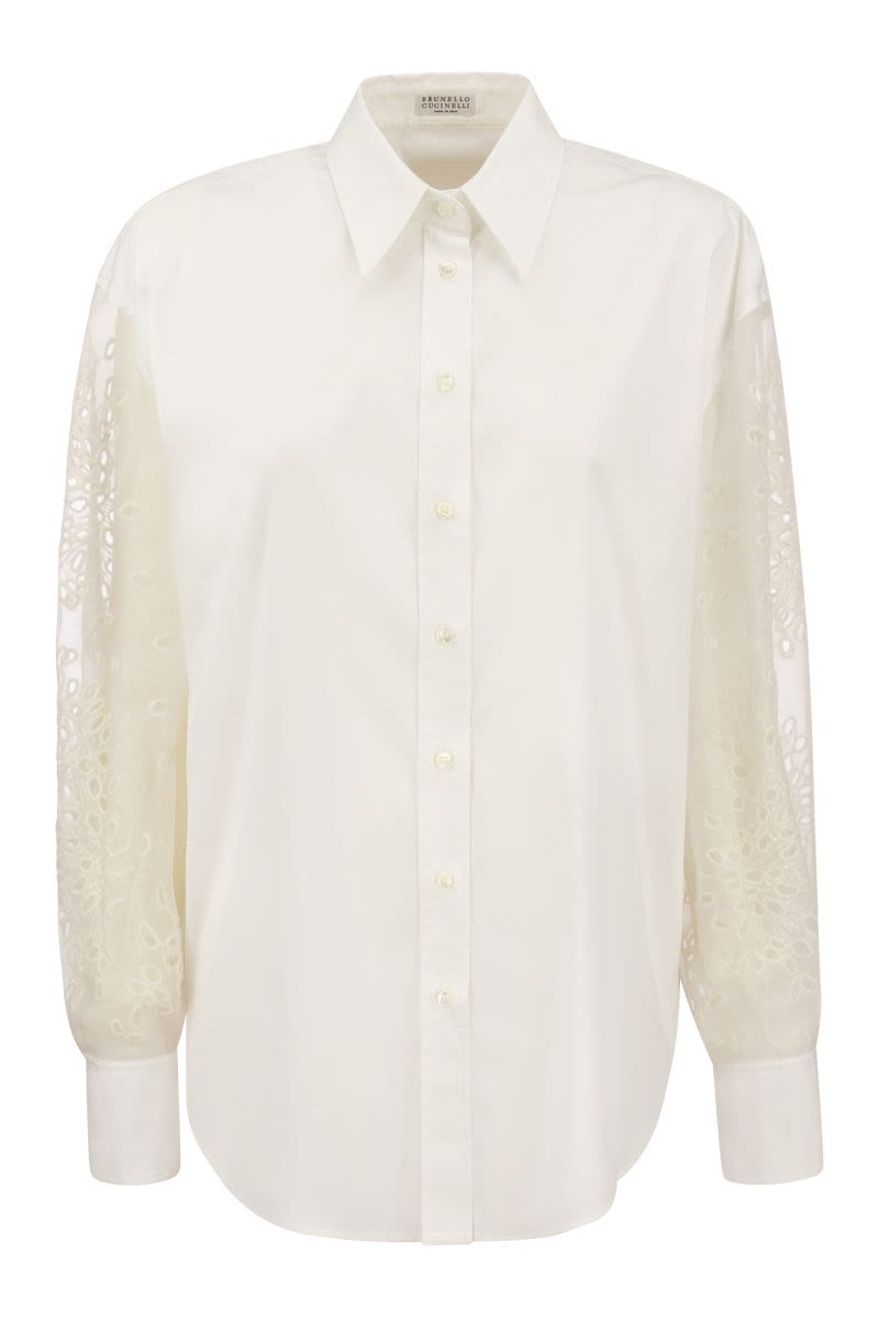 BRUNELLO CUCINELLI Elegant Stretch Cotton Poplin Shirt with Silk Broderie Anglaise Sleeves