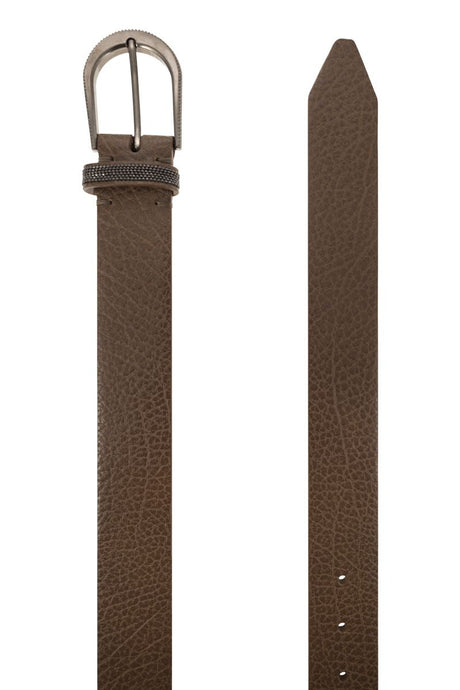 BRUNELLO CUCINELLI Men's Brown Leather Belt with Detailed Buckle for FW24 Collection