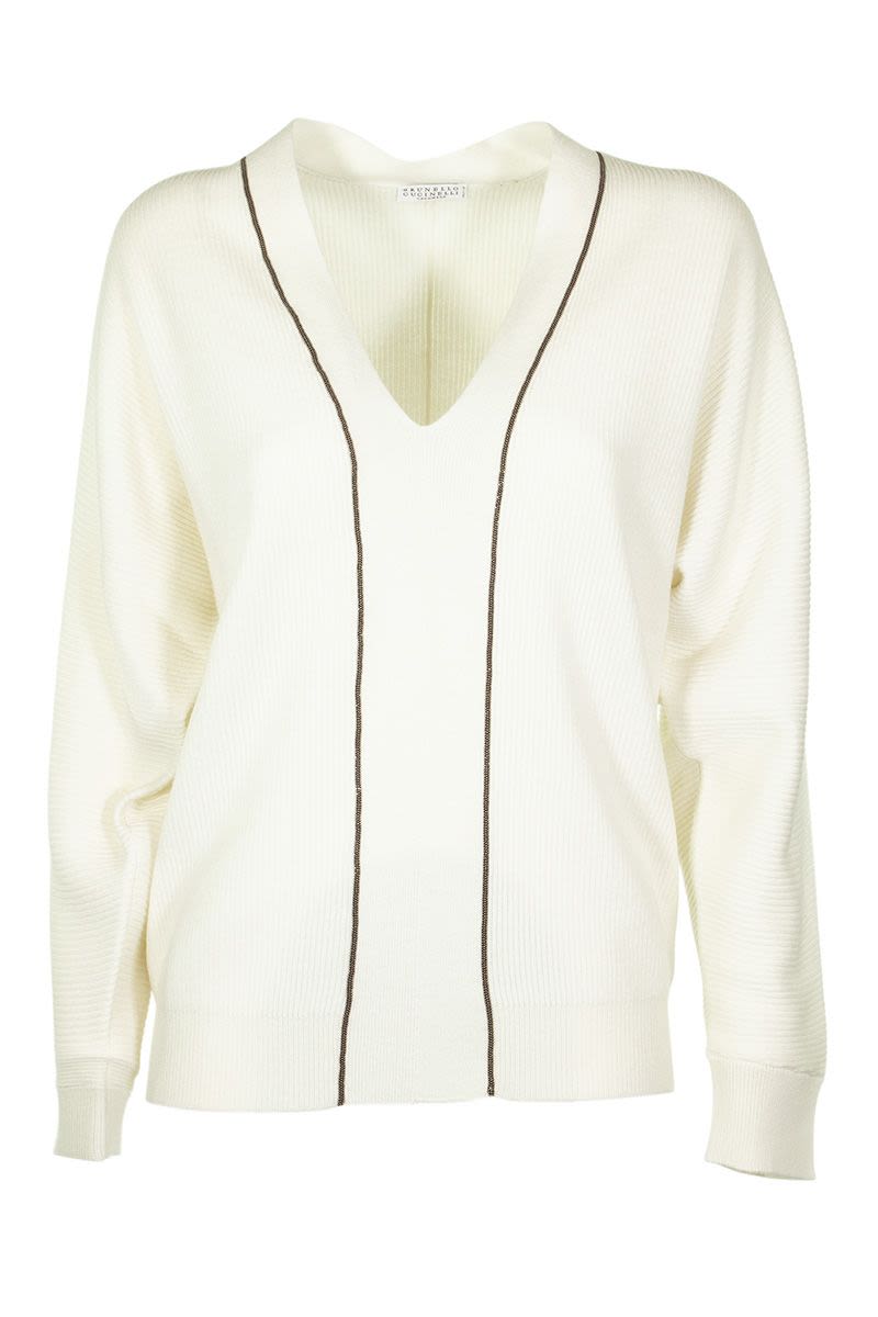 BRUNELLO CUCINELLI White Cashmere V-Neck Sweater with Monili Embellishments