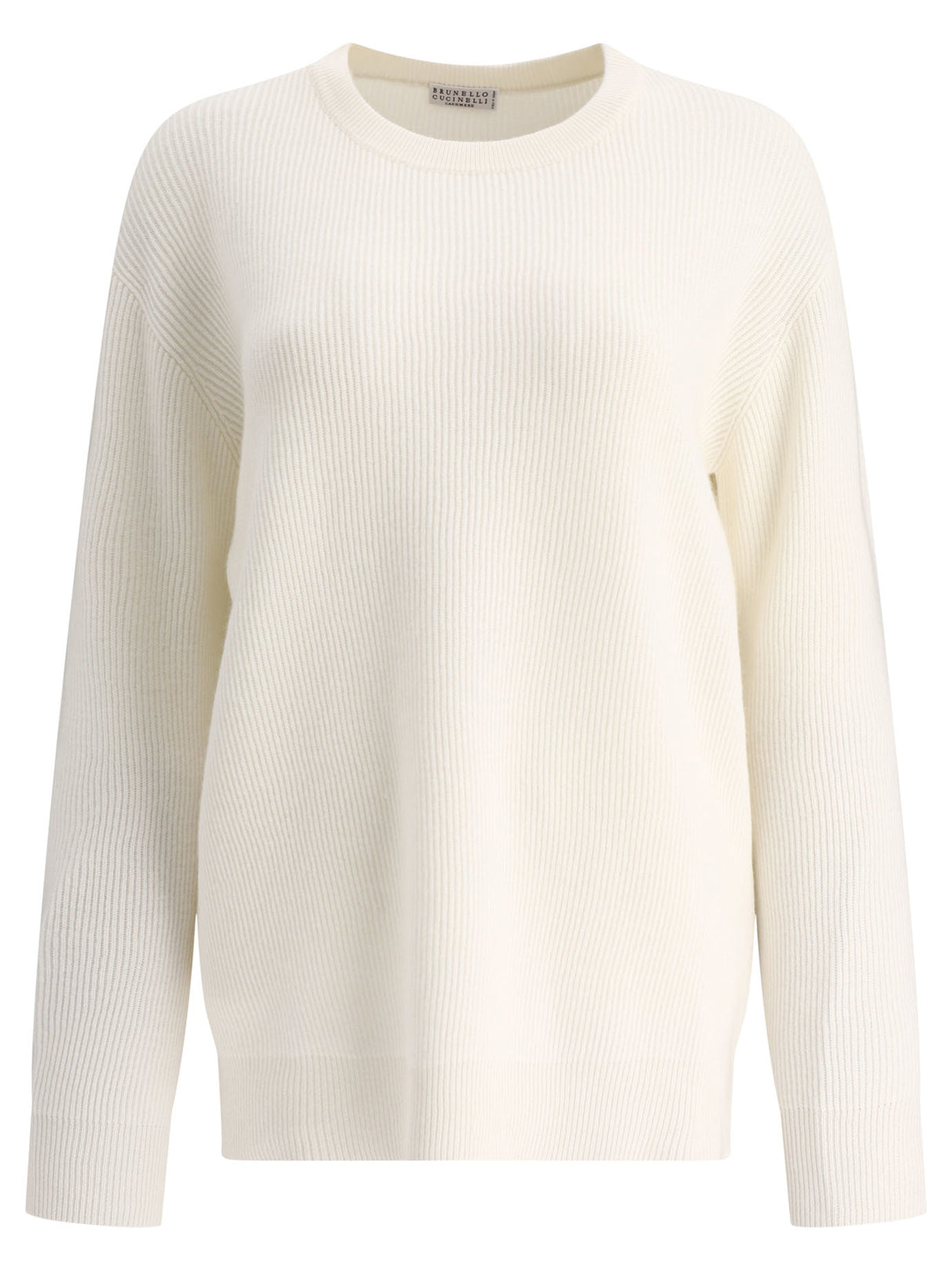 BRUNELLO CUCINELLI White Cashmere Ribbed Sweater with Monili Decoration for Women