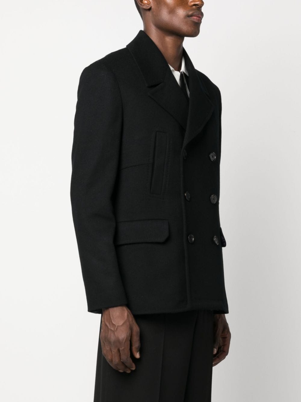 男士双排扣黑色羊毛及羊绒混合西装外套