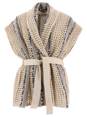 BRUNELLO CUCINELLI Sequin Embellished Cardigan - Regular Fit, V-Neck, Belted Waist (SS24)