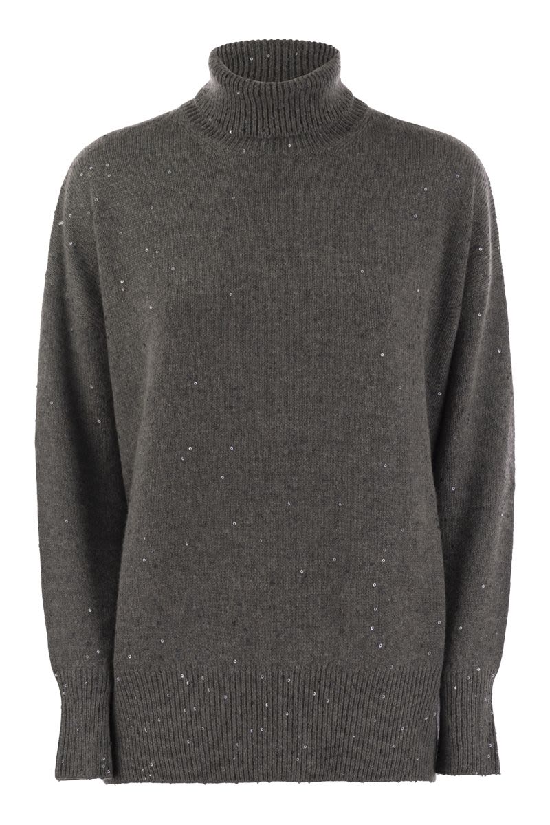 BRUNELLO CUCINELLI CASHMERE AND SILK TURTLENECK SWEATER WITH MICRO SEQUINS