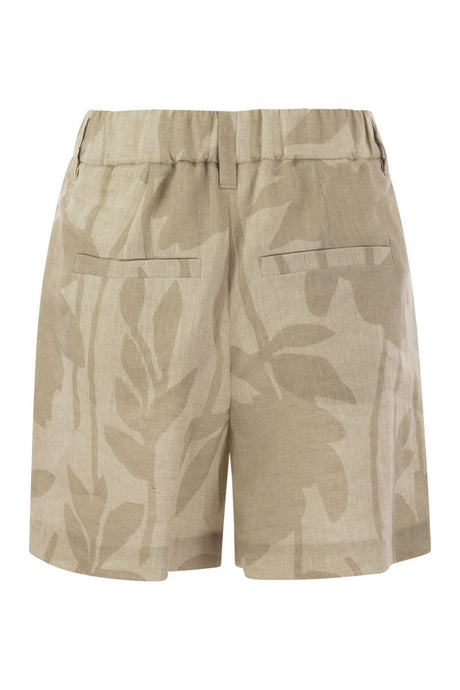 BRUNELLO CUCINELLI Gathered Waist Shorts in Linen with Ramage Print for Women - SS24