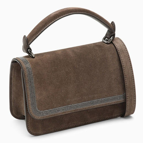 BRUNELLO CUCINELLI Tan Suede Leather Mini Handbag with Shoulder Strap and Magnetic Flap Closure