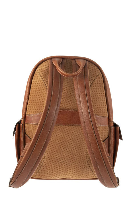 BRUNELLO CUCINELLI Men's Chestnut Brown Leather Backpack with Grained Texture and Multiple Pockets