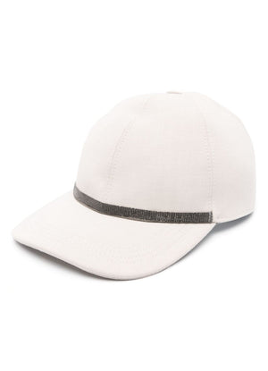 BRUNELLO CUCINELLI Light Beige Monili Chain Detail Six-Panel Hat with Curved Peak and Adjustable Strap for Women - SS24 Collection
