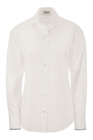 白色弹性棉平纹衬衫女士版带金属口袋
