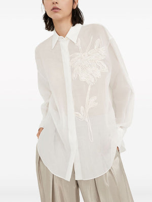 精致白色棉质针织衫，带有耀眼的木兰绣花，适合女性