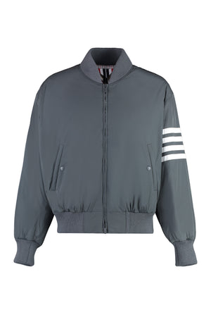 THOM BROWNE Men's Gray Bomber Jacket with Striped Sleeve Detail and Down Padding for SS23