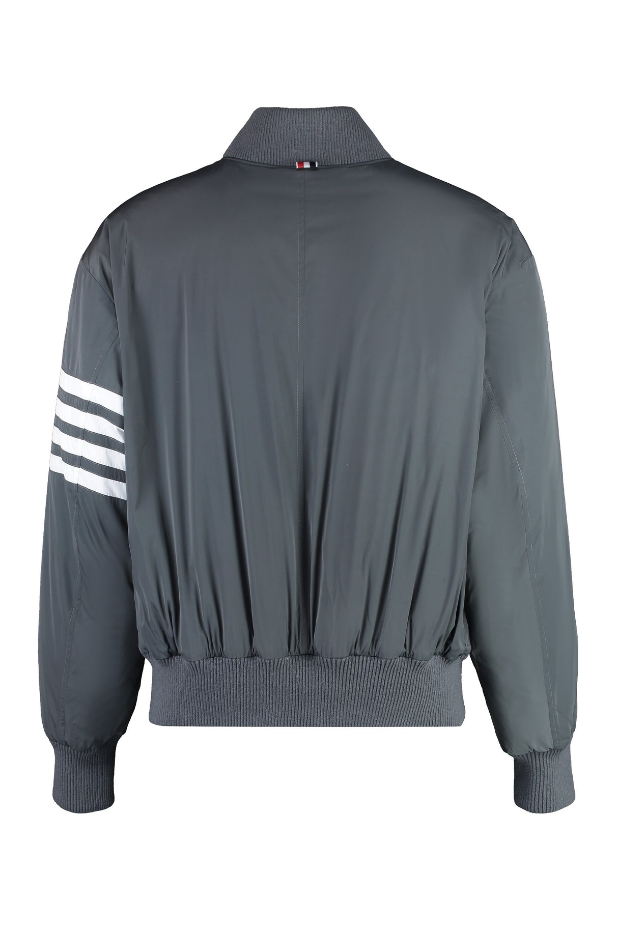 THOM BROWNE Men's Gray Bomber Jacket with Striped Sleeve Detail and Down Padding for SS23