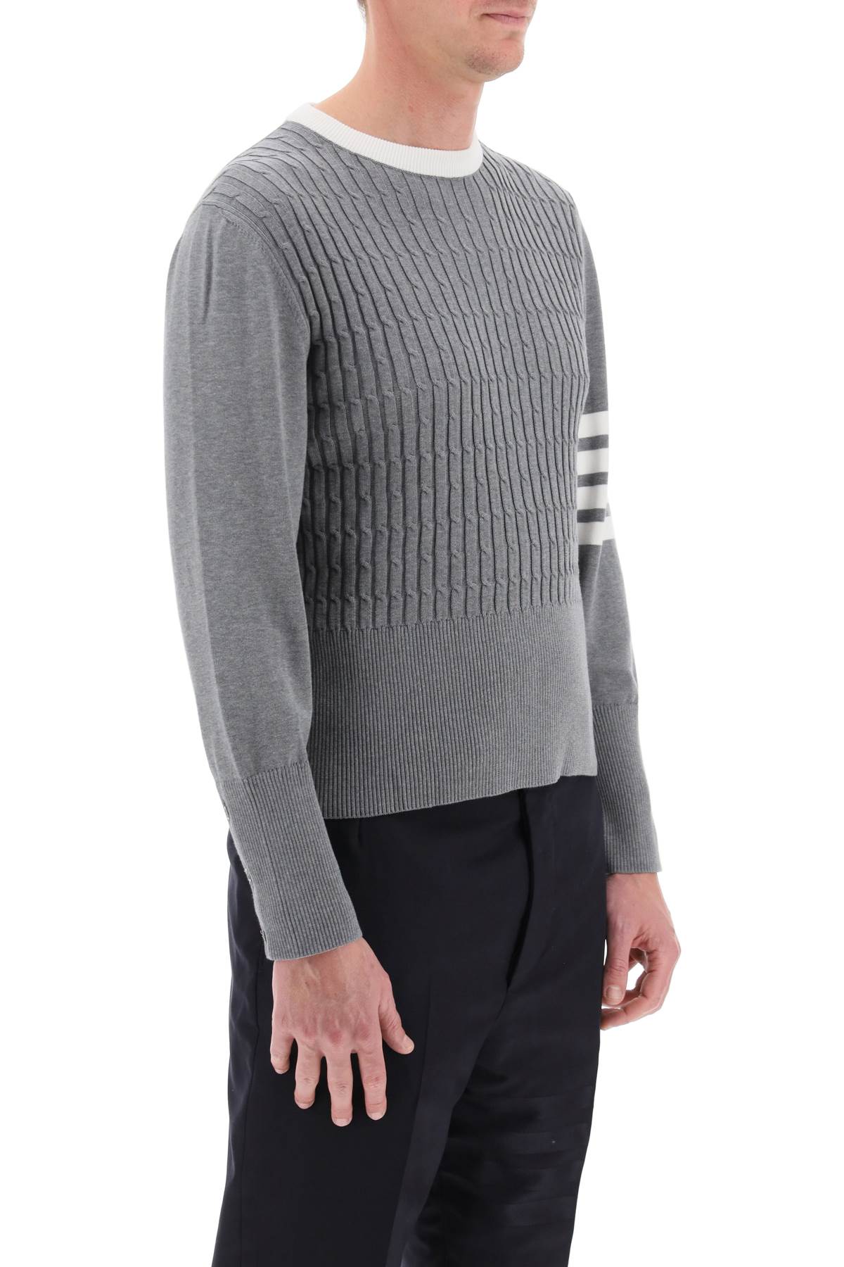 THOM BROWNE Grey Placed Baby Cable 4-Bar Cotton Sweater for Men