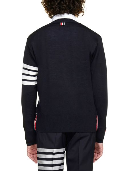THOM BROWNE Blue Merino Wool Cardigan with Iconic Four Bars for Men