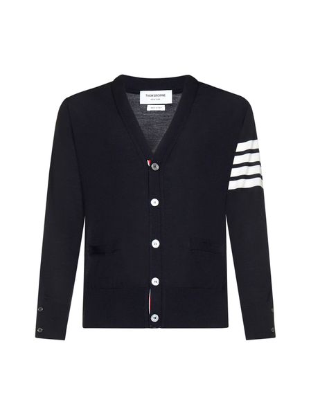THOM BROWNE Blue Merino Wool Cardigan with Iconic Four Bars for Men
