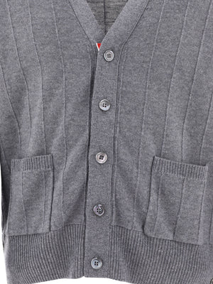 THOM BROWNE Relaxed Fit V-Neck Cardigan with RWB Detail in Gray