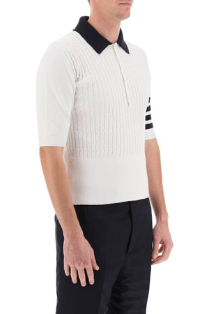 THOM BROWNE Men's Placed Baby Cable 4-Bar Cotton Polo Sweater in White